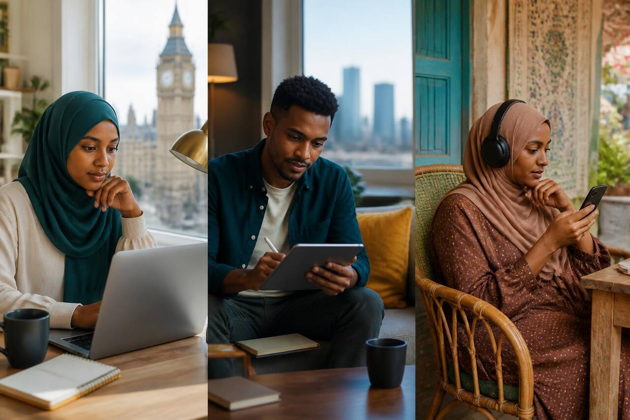 Somali online learners using a laptop, tablet, and phone in the UK, USA, and Somalia