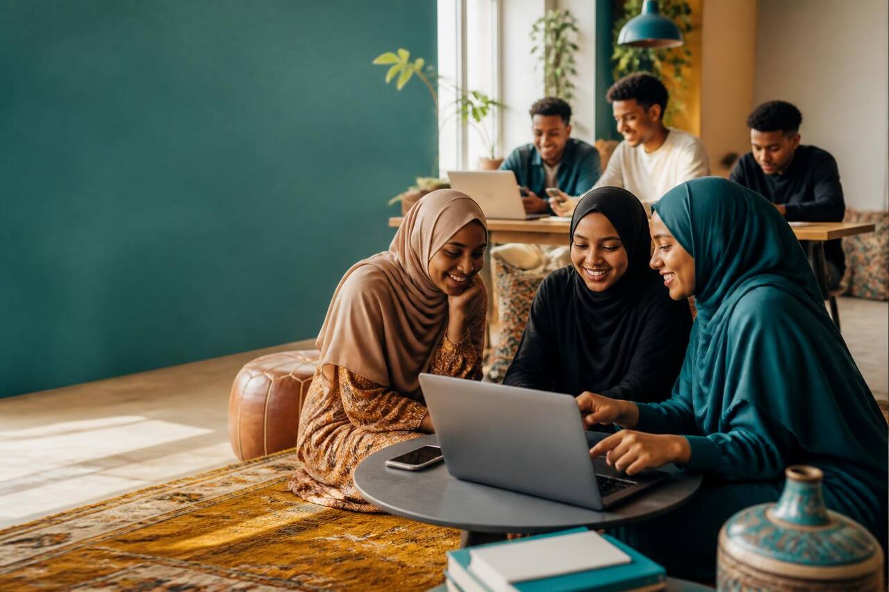 Somali diaspora learners studying together with laptops